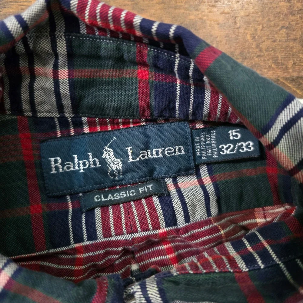 Ralph Lauren Classic Fit Plaid Button Down Shirt Mens 15 32/33 Red Green Tartan